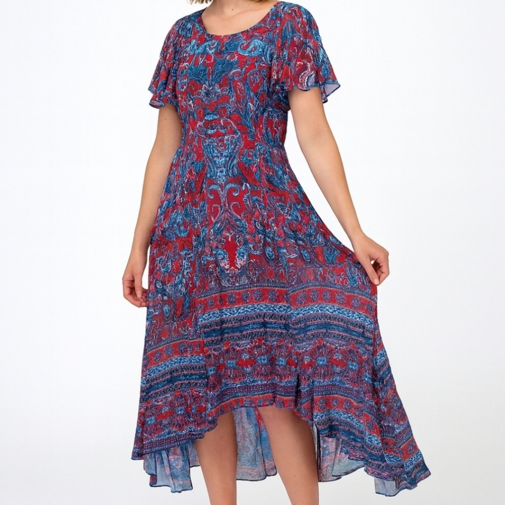 NEW Reba Red Flutter Sleeve Blue High Low Dress